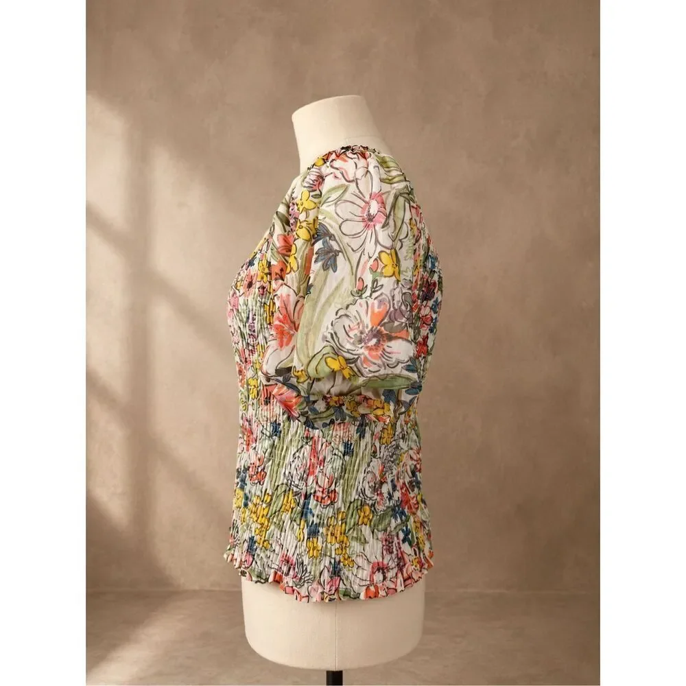 Anthropologie Smocked Floral Puff Sleeve Top Multicolor Size M Stretchy Summer B